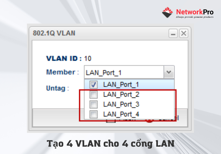 Tạo 4 VLAN cho 4 cổng LAN.