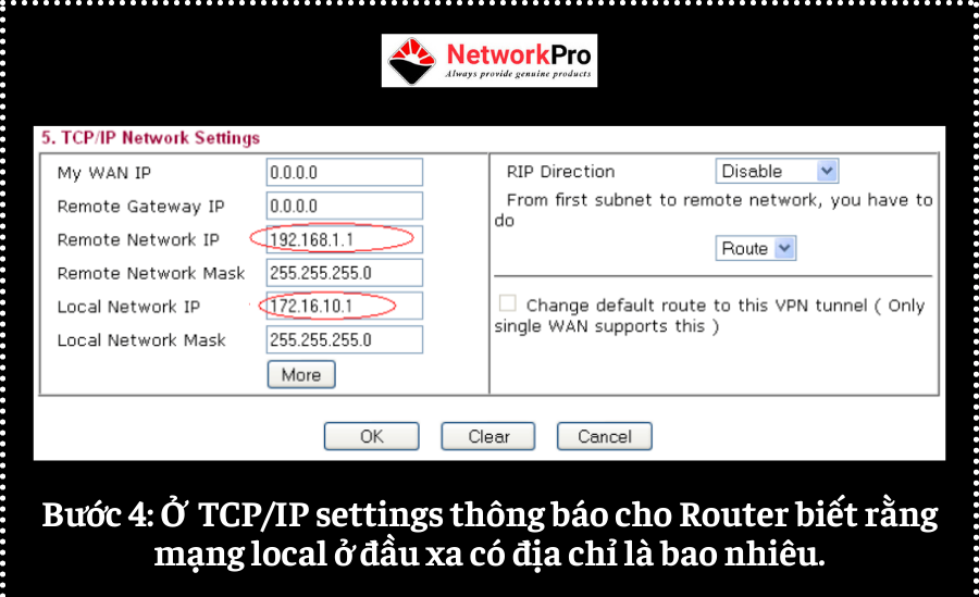 Bước 4: Ở phần TCP/IP settings dùng để thông báo cho Router biết rằng mạng local ở đầu xa có địa chỉ là bao nhiêu.