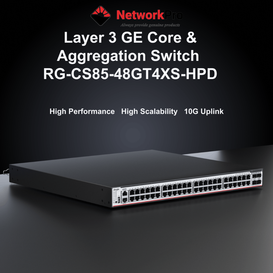 Switch Ruijie RG-CS85-48GT4XS-HPD được trang bị 48 cổng Gigabit PoE+ với tổng công suất lên đến 1,590W