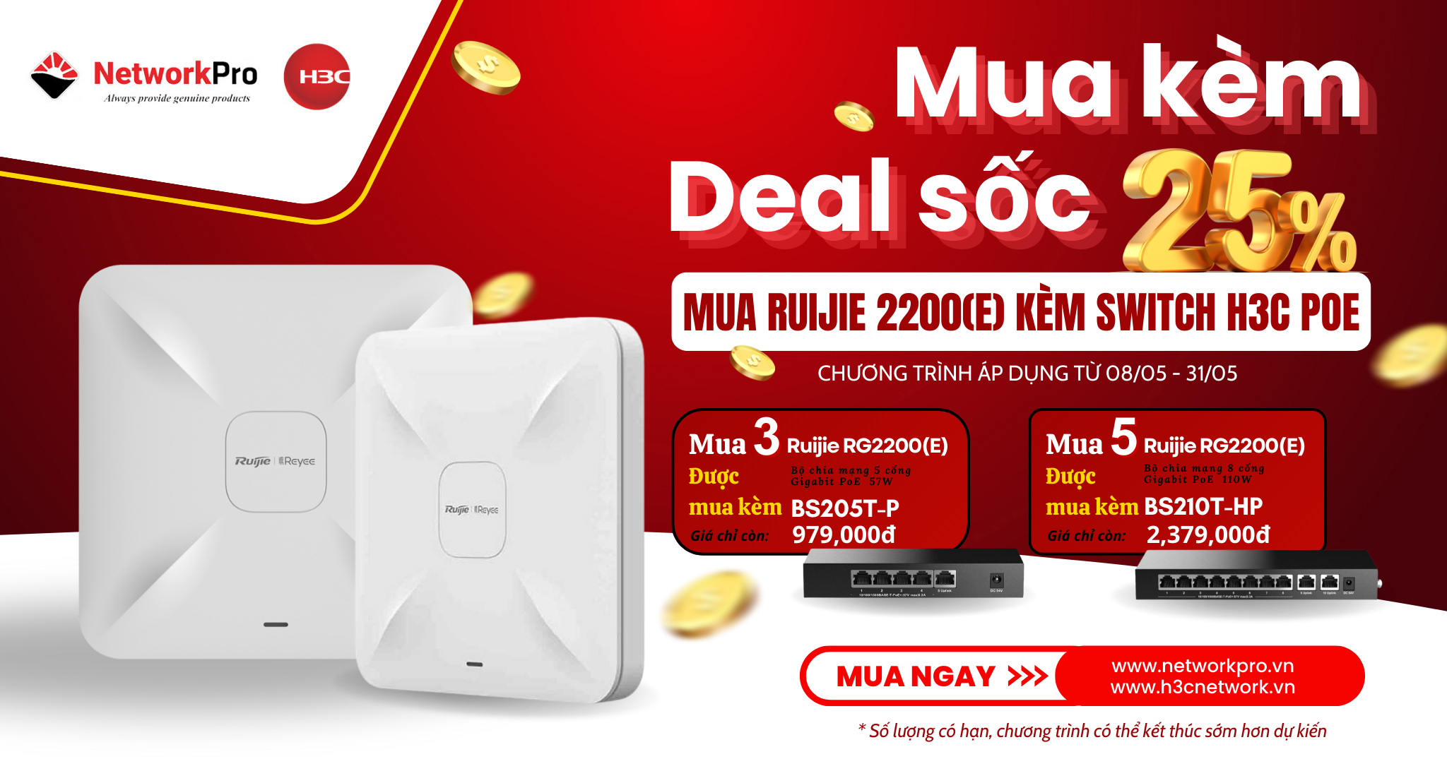 Mua kèm deal sốc - Mua wifi Ruijie được mua kèm Switch H3C giảm giá 25%