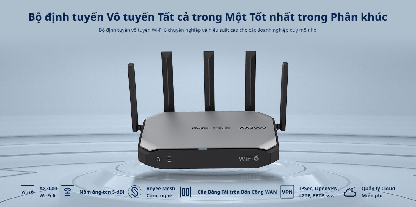 Ruijie Reyee RG-EG105GW-X AX3000 là một router cân bằng tải hiện đại, hỗ trợ Wifi 6 với tốc độ lên đến 2976Mbps