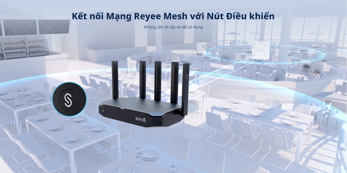 Với tính năng Reyee Mesh, bạn có thể dễ dàng mở rộng phạm vi phủ sóng Wifi