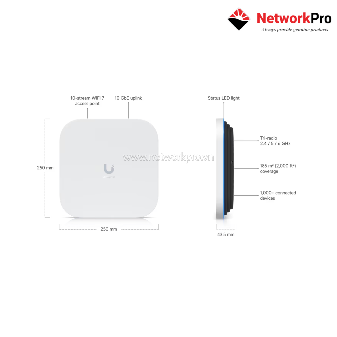 UniFi Enterprise E7 (1) UniFi Enterprise E7 là bộ phát WiFi 7 ngoài trời chuẩn IP67 với tốc độ tổng hợp lên đến 9.3 Gbps