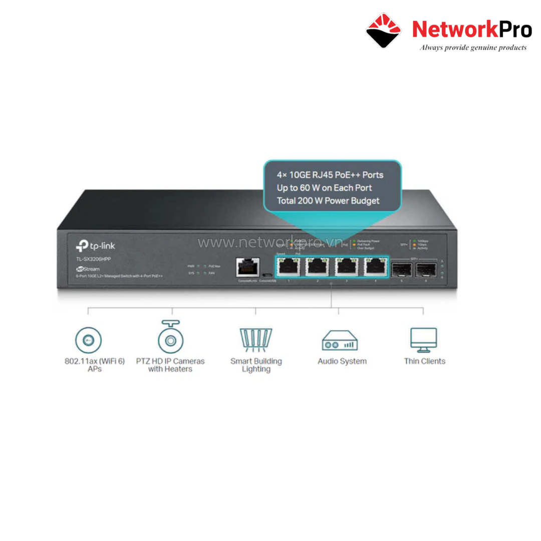 TP-Link TL-SX3206HPP Switch PoE Omada (1) TL-SX3206HPP JetStream 6-Port 10GE L2+ Managed Switch with 4-Port PoE++ (Omada 4-Port 10GBASE-T and 2-Port 10GE SFP+)