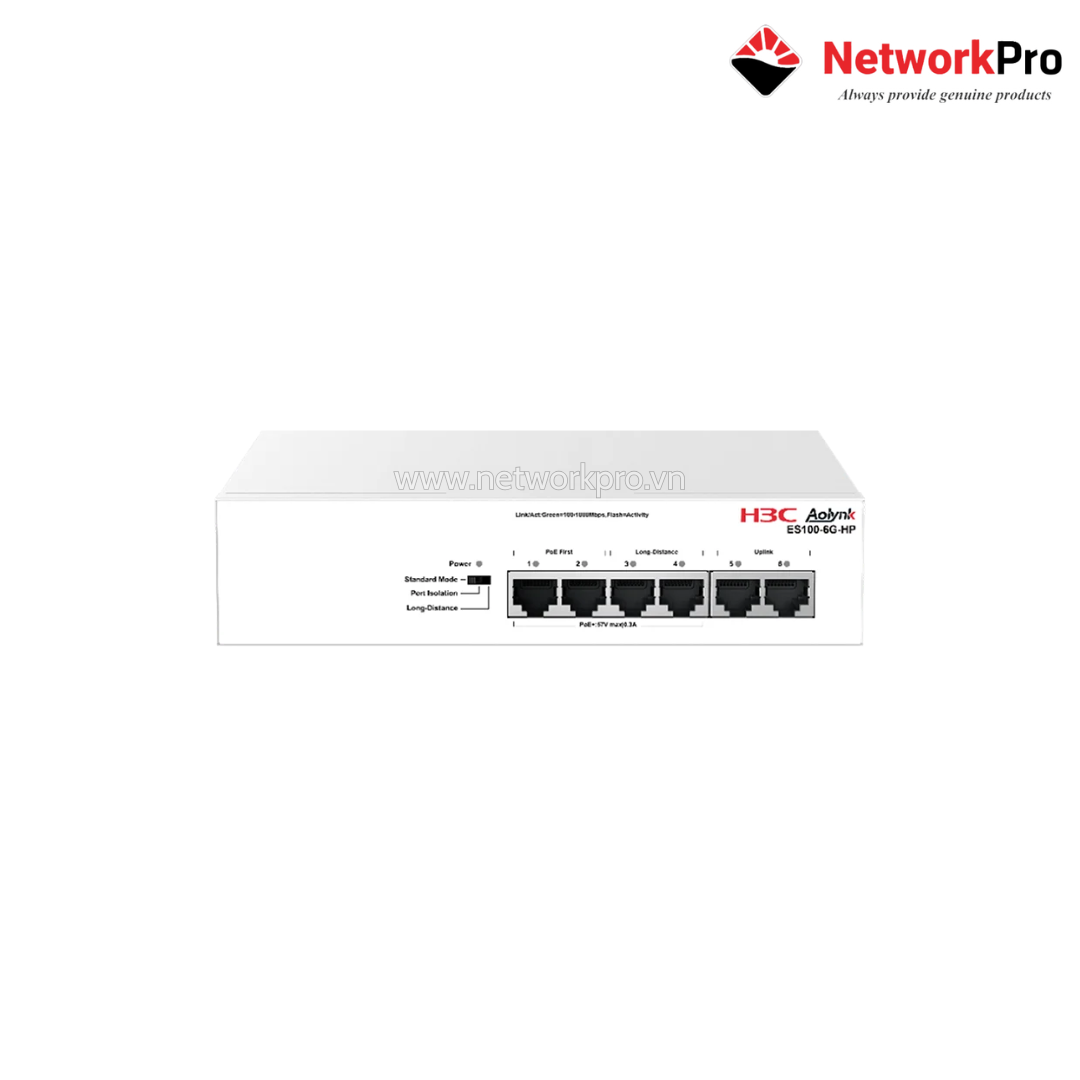 H3C Aolynk ES100 - 6G-HP Switch PoE H3C AOLYNK ES100-6G-HP – 4 Cổng PoE+ 65W Fanless | NetworkPro