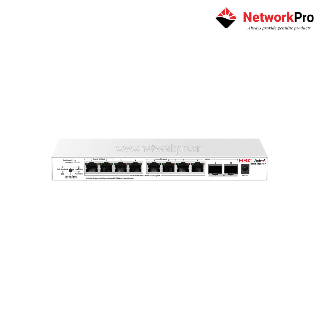 H3C Aolynk US110-8G2MF-HP Switch PoE H3C AOLYNK US110-8G2MF-HP – 8 Cổng PoE+ 130W + 2 SFP 2.5G, Cloud